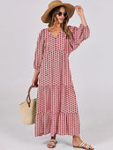 2024 European and American Women's Bohemian Long Dress Summer V-neck Puff Sleeve Casual Elegant A- line Long Beach Dress