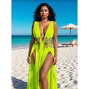 Cross-Border New Trendy European and American Style Sexy Beach Dress with Mesh Embroidery, Deep V-Neck, High Slit, Seaside Vacation Style