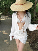 Ins Seaside Beach Vacation Bikini Shirt Dress Swimsuit Women's Three-Piece Set to Cover Belly Internet Celebrity Small Breasts Popular Summer