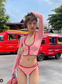 New Thai Niche Sexy Hot Girl Red Striped Bikini Three-Piece Long-Sleeved Island Vacation Swimsuit for Women