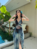 Blue Ocean Resort Style Tie-Dye Beach Dress Backless Royal Sister Dress Bohemian Style Hot Spring Long Dress