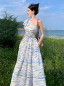 Fashionable Travel Photo-Taking Slanted Shoulder Dress Niche Design Elegant Waist Skirt Vacation Beach Long Dress