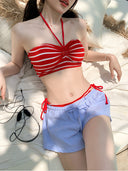 Halter Neck Strapless Striped Sexy Bikini Swimsuit for Women, Three-Piece Korean Ins Hot Girl Vacation Hot Spring