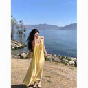 U-Neck Holiday Style Yellow Suspender Dress for Women Summer New Sanya Seaside Backless Beach Dress Loose Long Skirt