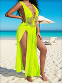 Cross-Border New Trendy European and American Style Sexy Beach Dress with Mesh Embroidery, Deep V-Neck, High Slit, Seaside Vacation Style