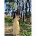 U-Neck Holiday Style Yellow Suspender Dress for Women Summer New Sanya Seaside Backless Beach Dress Loose Long Skirt