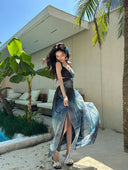 Blue Ocean Resort Style Tie-Dye Beach Dress Backless Royal Sister Dress Bohemian Style Hot Spring Long Dress