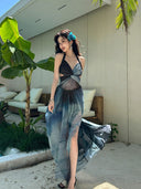 Blue Ocean Resort Style Tie-Dye Beach Dress Backless Royal Sister Dress Bohemian Style Hot Spring Long Dress