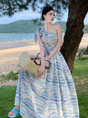Fashionable Travel Photo-Taking Slanted Shoulder Dress Niche Design Elegant Waist Skirt Vacation Beach Long Dress