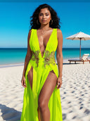 Cross-Border New Trendy European and American Style Sexy Beach Dress with Mesh Embroidery, Deep V-Neck, High Slit, Seaside Vacation Style