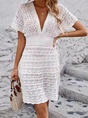Deep V-neck beach skirt cross-border European and American women's wave pattern Hollow Beach skirt elastic waist beach blouse X5967
